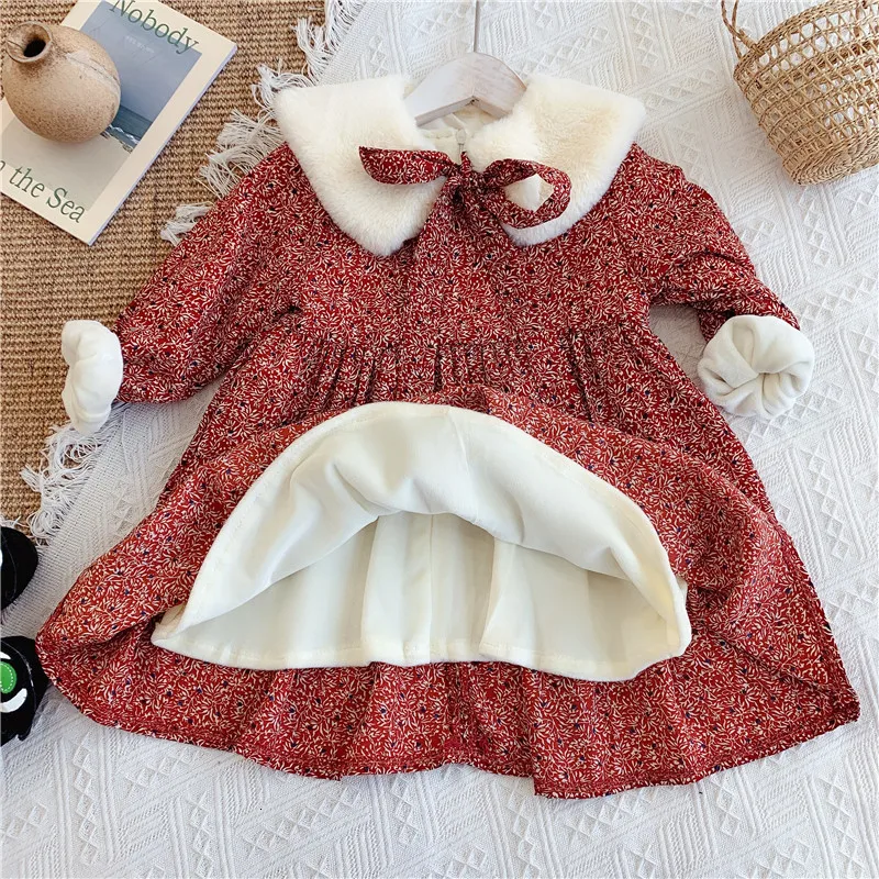 Зимние платья для девочек с длинными рукавами; Красная рождественская детская одежда с цветочным принтом; модная детская одежда; бутики 3217241