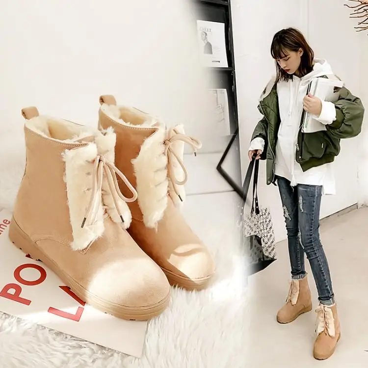 

Winter Boots Women Flat Short Boots Flat Heel Solid Color Lace Up Front Artificial Plush Thick Ankle Boots Ugged Women Shoes