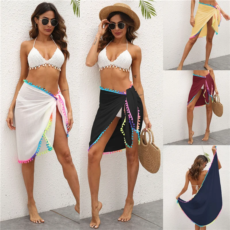 Lamuusaa Beach Skirts Sexy Women Sheer Mesh Swimsuit Wrap Skirt Bikini Cover Up with Colorful Pompom Tassel Skirt Sarongs 6