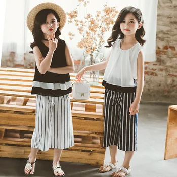 

Fashion Summer Stripe Girls Clothes Set Kids Girls Casual Shirt with Wide Leg Pants Set Chiffon Teen Girls TwoPiece Set
