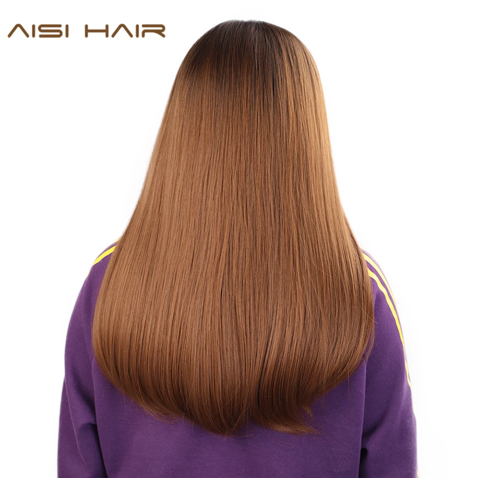 

AISI HAIR Long Brown Wig With Bangs Straight Synthetic Wigs For Black Women Dark Root Ombre Color Cosplay Heat Resistant Hair