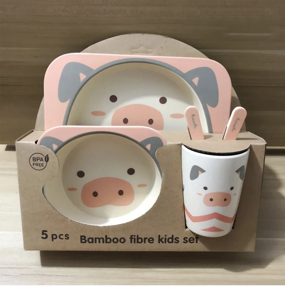 Talheres de Bambu Crianças dos Desenhos Crianças de Fibra de Bambu Louça com Garfo Bebê Alimentação Pratos Anti-queda Animados Natural 5 Pçs - Set 27 Talheres De Bambu Anti-queda Crianças Dos Desenhos
