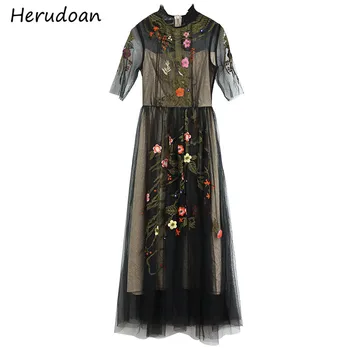 

Herudoan Summer Vintage Mesh Midi Dress Women Stand collar Floral Embroidery Fashion Runway Female Party Club A-Line Dress