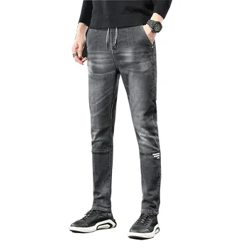 

2019 Autumn Men Jeans Harlan Leisure Straight Cylinder Plus Velvet Pants Zi Male Printing Splicing Jeans Male