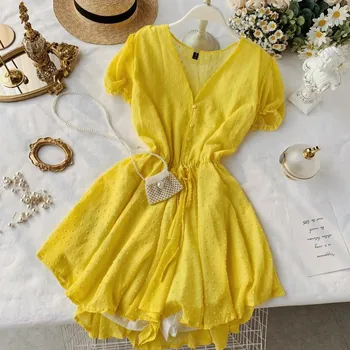 

NiceMix rompers Women V neck short sleeve Ruffles Chiffon shorts Lady's Vintage Spring Summer Wide leg shorts imitation satin J