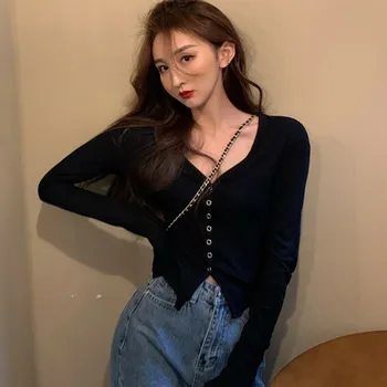 

Autumn Women Sexy V-neck Knitted Thin Cardigan Slimming Long-sleeved Solid Color Long-sleeved Top Hot Selling