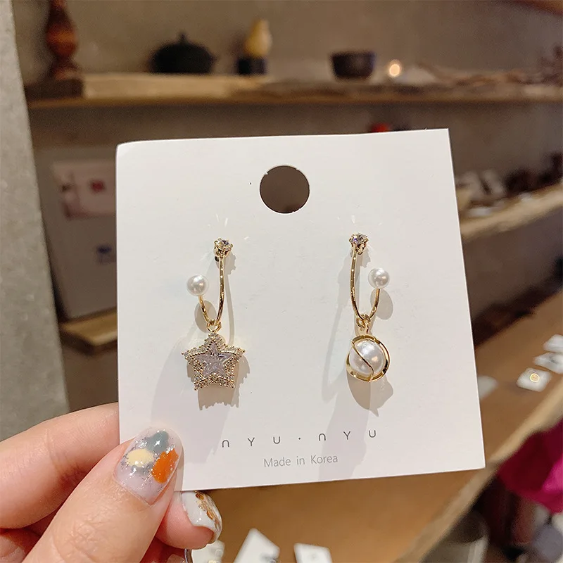 Pearl five pointed star micro inlaid Zircon Earrings long fashion temperament earrings wholesale | Украшения и аксессуары