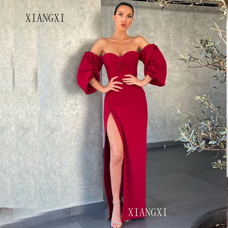 

Dark Red Evening Dress Long Satin Off The Shoulder Full Sleeves High Split Evening Dresses Floor Length Party Dress vestidos