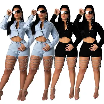 

Women Plus Size Two Piece Sets Sexy Denim Chain Hole Jacket Suits Casual Long Sleeve Jean Crop Tops Shorts Tracksuit
