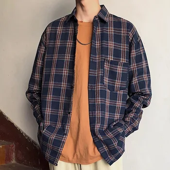 

BOXDAQ Korean Men's Shirt Plus Size Loose Casual Men Cardigan Shirts Trend Fashion Plaid Print Long Sleeve Wild Men Autumn Shirt