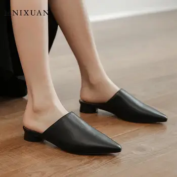 

Casual genuine leather mules shoes women block heel pumps low heels 2020 spring new pointed toe slip on yellow rome shoes woman