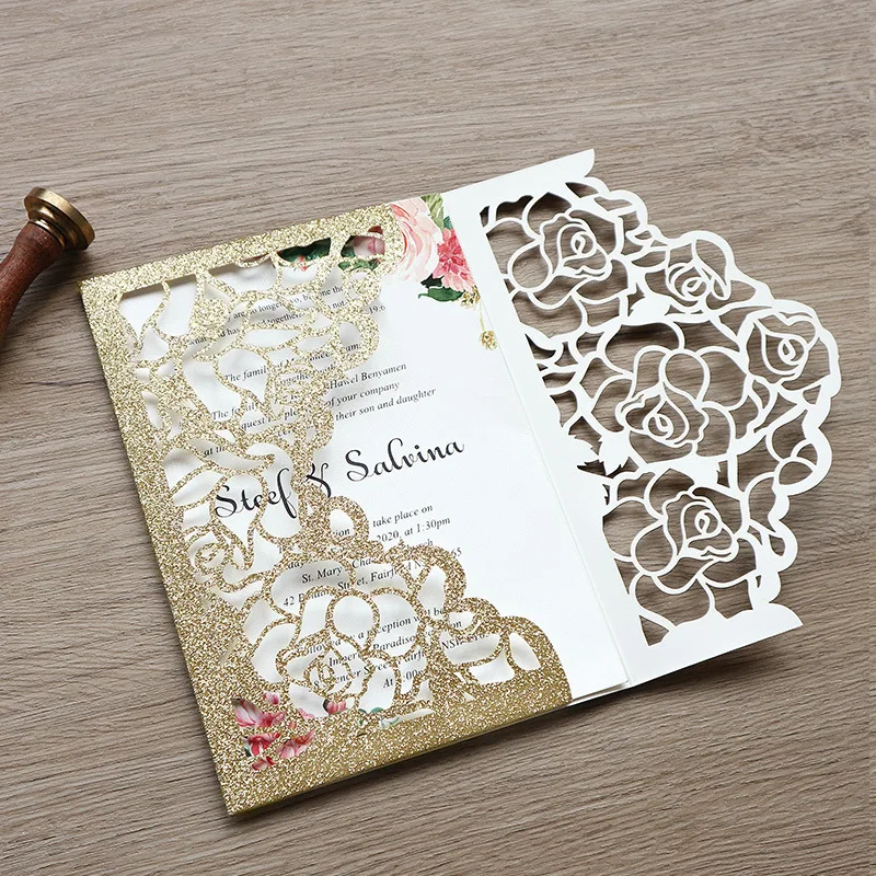 Tri-fold Glitter Laser Cut Wedding Invitation Card Christmas Greeting Cards 