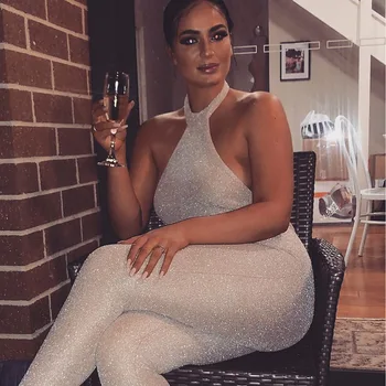 

2019 Women Summer Silver Thread Jumpsuit Clubwear Bodycon Sleeveless Halter Romper Solid Long Trousers Women Backless Jumpsuit