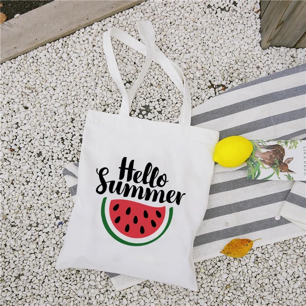 Новая женская Повседневная тканевая сумка Hello Summer с принтом арбуза, сумка для покупок, дамская сумка, многоразовая Большая вместительная сумка