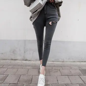 

2019 autumn Korean version of the new dark grey ripped jeans high waist show thin tight height stretch small leg pants