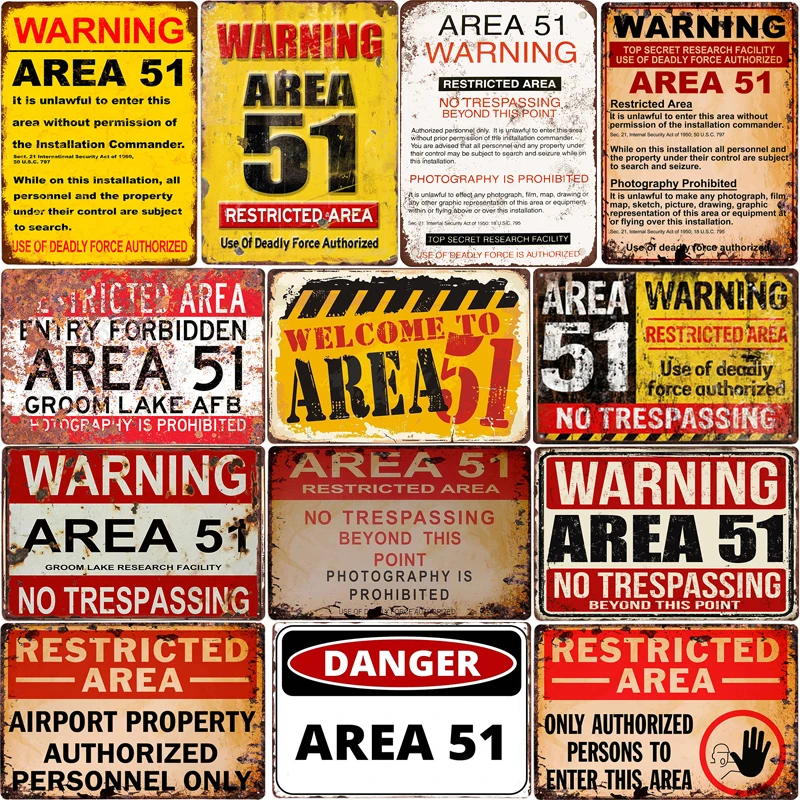Предупреждение Area 51-металлическая жестяная вывеска НЛО Винтаж стенные бляшки Искусство Плакат Украшение картина домашний декор 20x30 см
