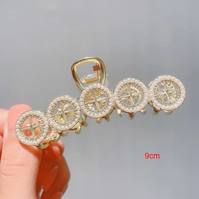 AWAYTR Rhinestone Metal Hair Claw Crab Clip For Women Girls Shiny Barrette Hairpin Crystal Pearl Hair Accessories Jewelry Gift 09a 9cm
