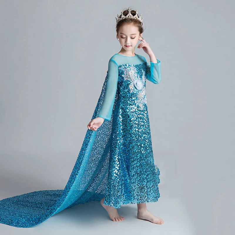 

Girls Elsa Princess Sequins Dress Baby Girl Anna Elegant Long Sleeve Robe Kids Blue Dresses Birthday Party Fantasy Ball Gown