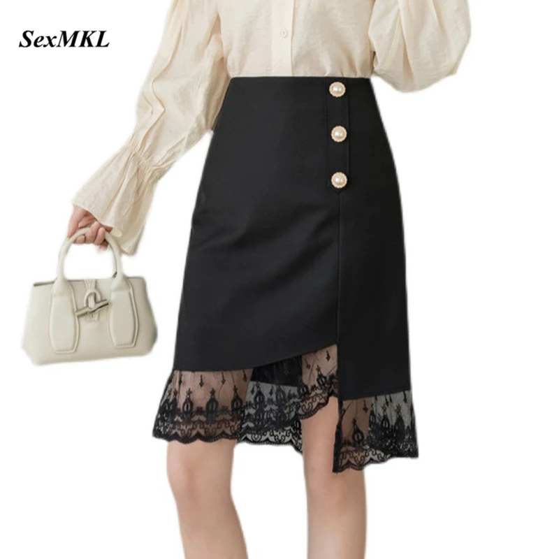 

Women Lace Patchwork Black Skirts 2023 Fashion A Line High Waist Mujer Faldas Korean Clothes Slim Elegant Office Sexy Midi Skirt