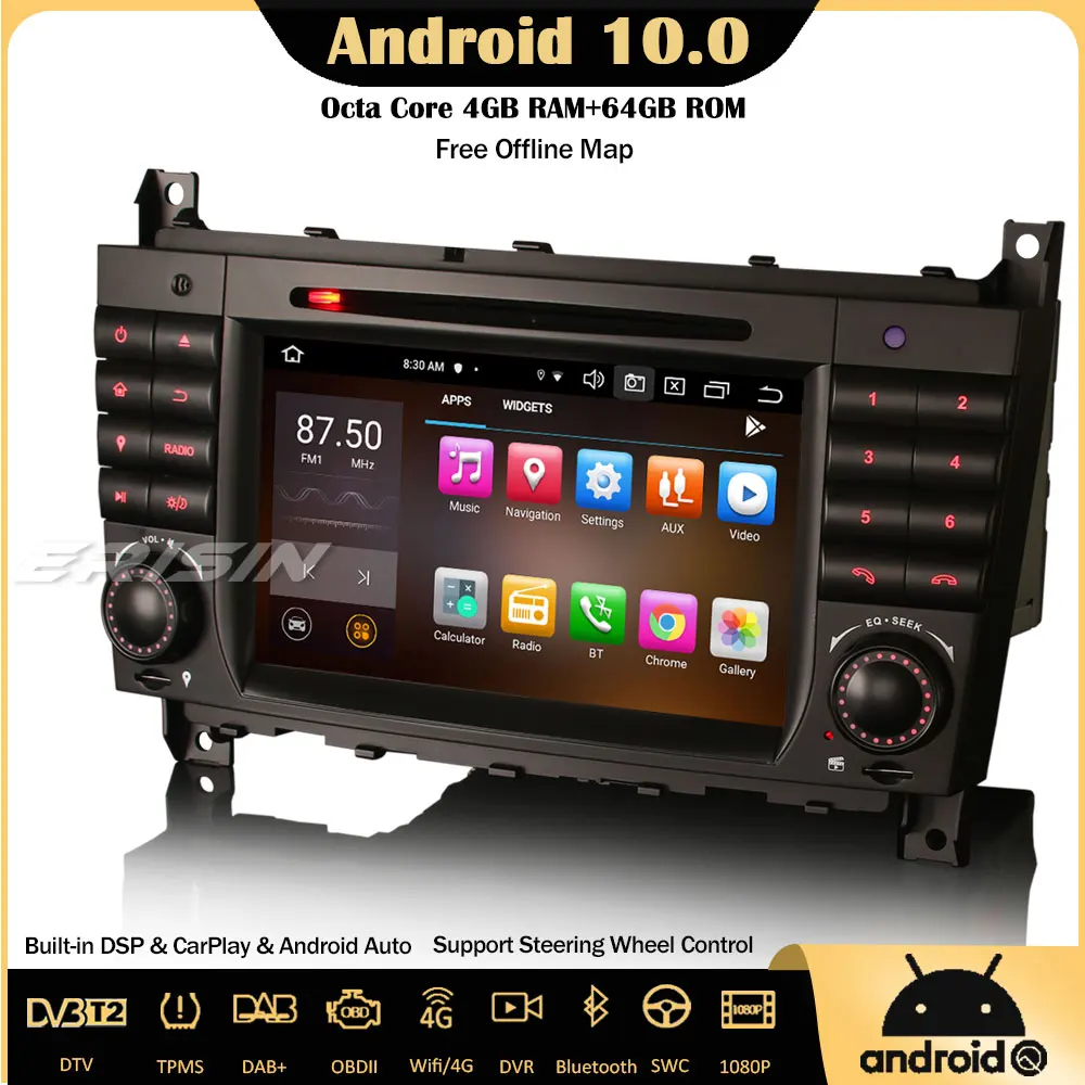 Erisin 8169 Android 10 0 Автомагнитола DAB + DVD CarPlay DSP USB TPMS OBD2 Wifi для Mercedes Benz C/CLK/CLC Class W209 W203 |