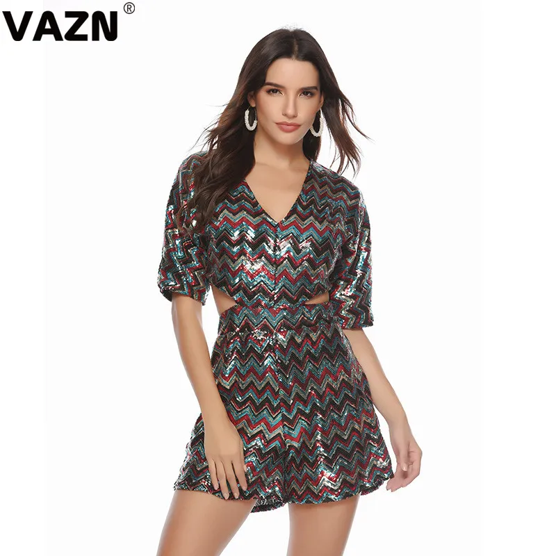 VAZN Color Print Slim Bodycon Short Pants Sexy Women Playsuits Tide V-Neck Long Sleeve Tracksuits Short Romper