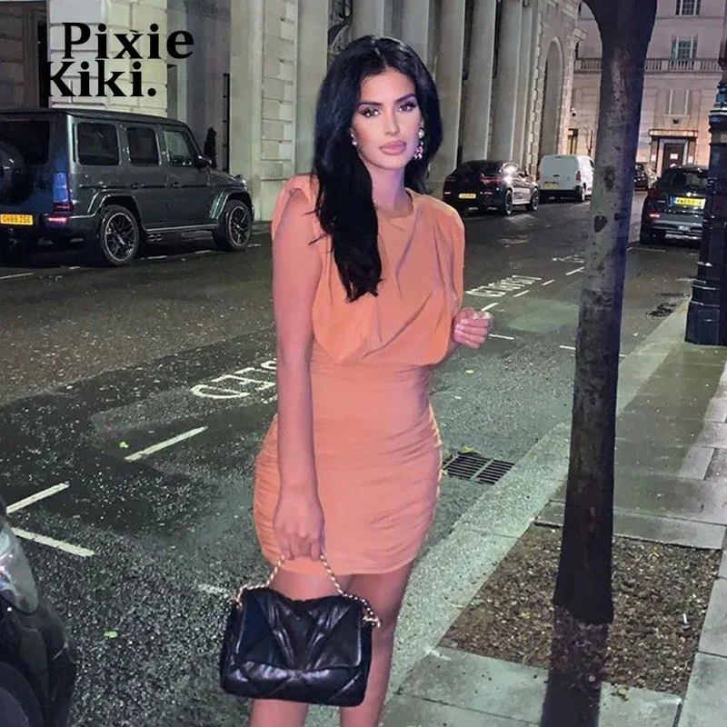 Женское облегающее платье PixieKiki розовое коричневое с наплечниками и рюшами
