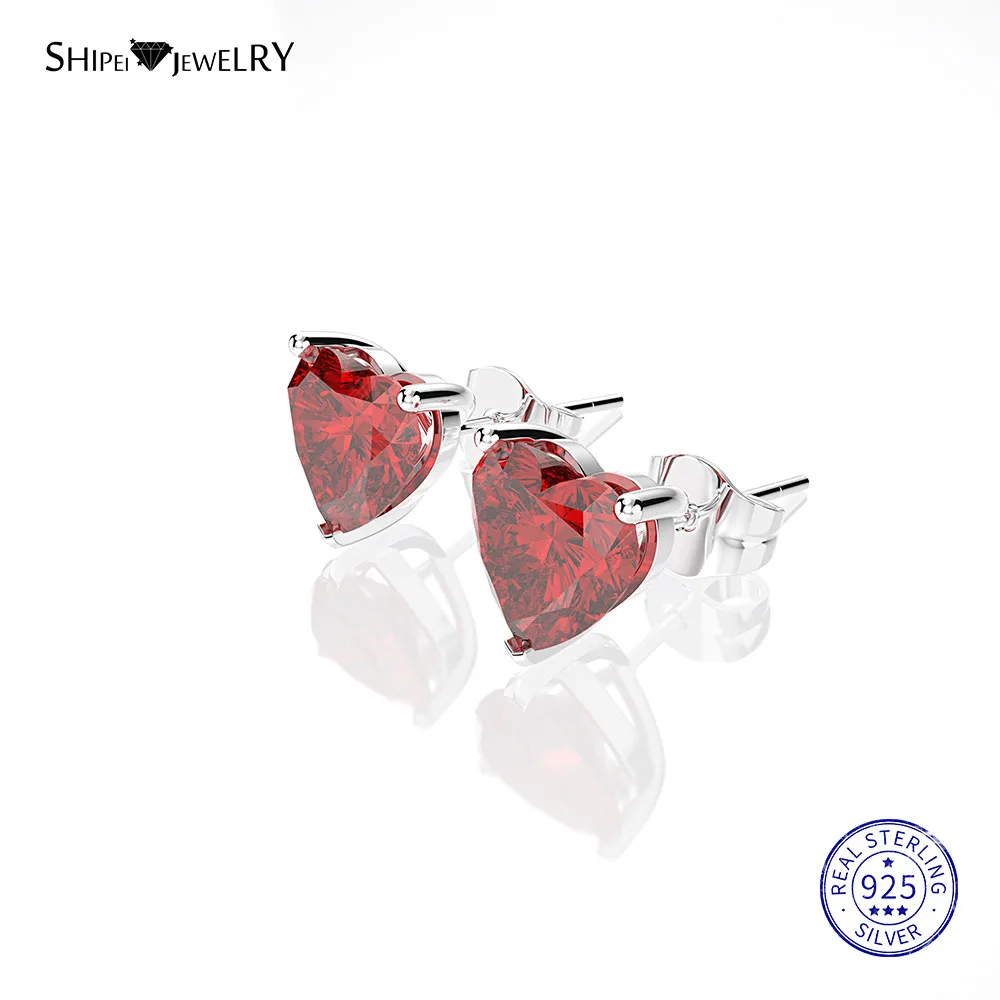 Ruby Shipei сапфировые серьги-гвоздики в форме сердца для женщин, 925 пробы серебряные гипоаллергенные серьги-гвоздики в форме сердца для женщин, подарок на день рождения - Цвет камня: Ruby