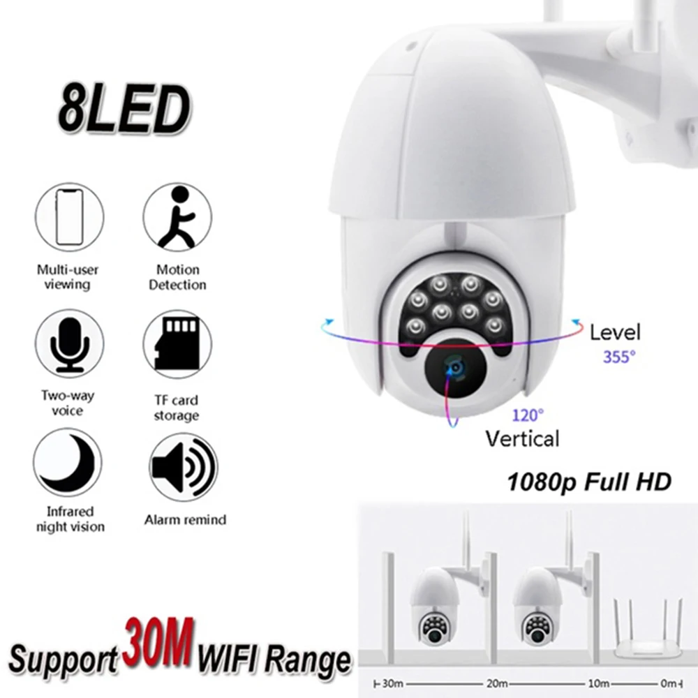 

6x Zoom 8 LED HD 1080P Outdoor Waterproof WiFi IP Camera Full-Color Night Vision Home Security Surveillance Camera 200W