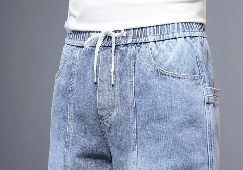 New Summer Korean Straight Loose Denim Shorts Mens Stretch Pockets Elastic Waist Adjustable Waist Large Size Knee Length Shorts casual shorts for men