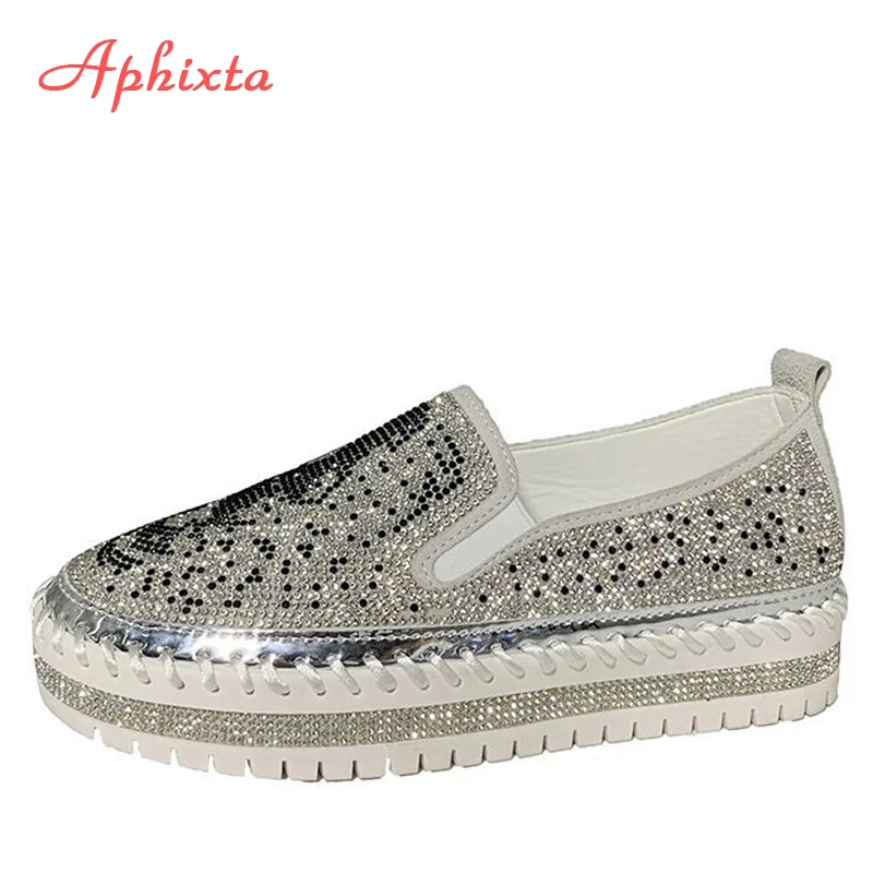 Aphixta 2020 Women Flats Crystal Ladies Glitter Bling Loafers Flat Platform Fashion Woman Moccasins Female Shoes Big Size 42 43