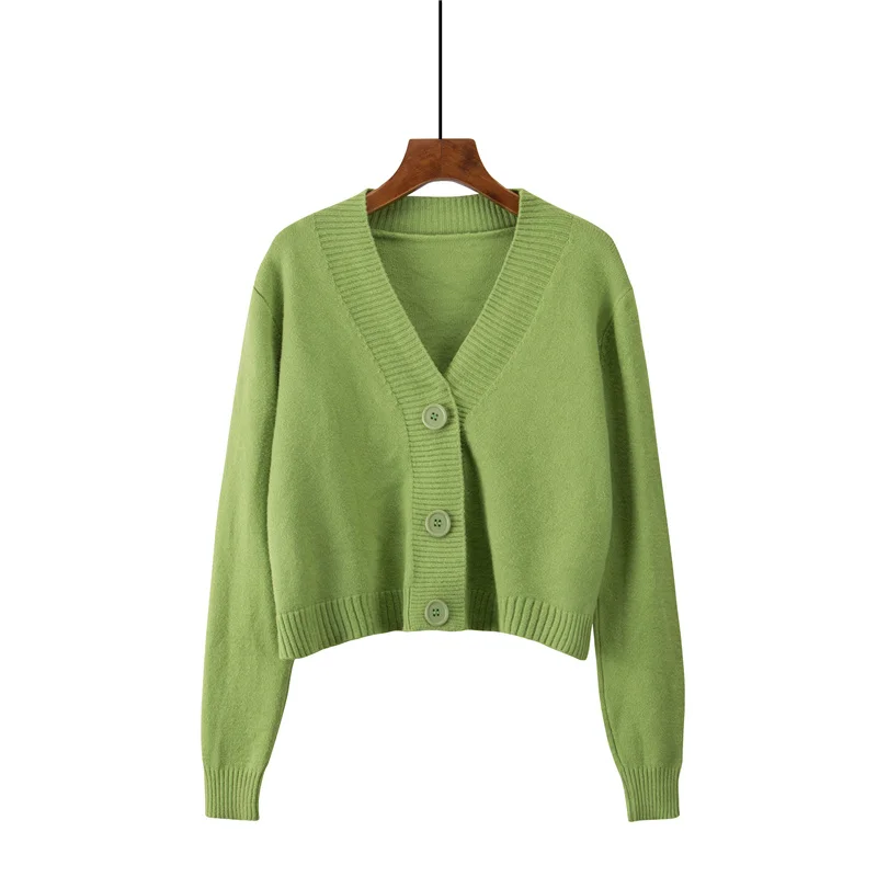 Осень зима женские вязаные свитера пуловеры длинный рукав сплошной цвет V воротник Свободный кардиган женский свитер - Цвет: Зеленый