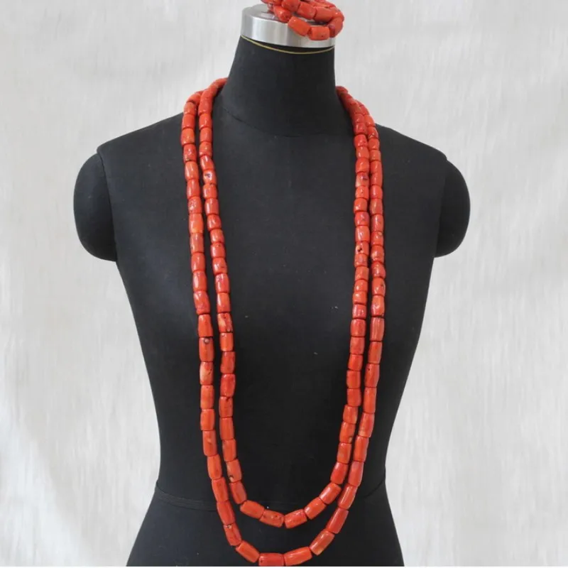4UJewelry Африканский коралловый бисер для мужчин длинный дизайн 2 слоя нигерийский Свадебный Ювелирный Набор для жениха традиционный свадебный 3 штуки - Окраска металла: Orange
