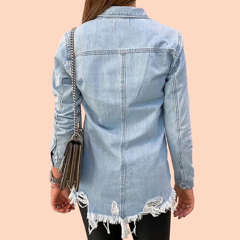 Most effective Women Denim Jacket Casual Long Sleeve Jeans Coat Mujer Turn-down Collar Hole Single-breaste Slim Po