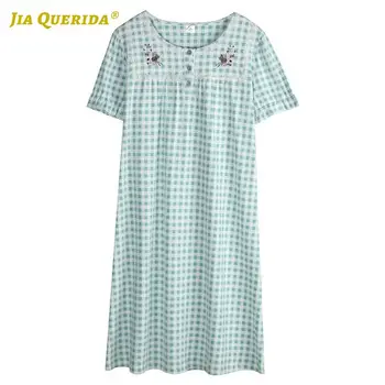 

Green Plaid Printing Night Gown Nighties for Woman Woman Clothes Fashion Style 100% Cotton Summer Woman Clothes Short Sleeve