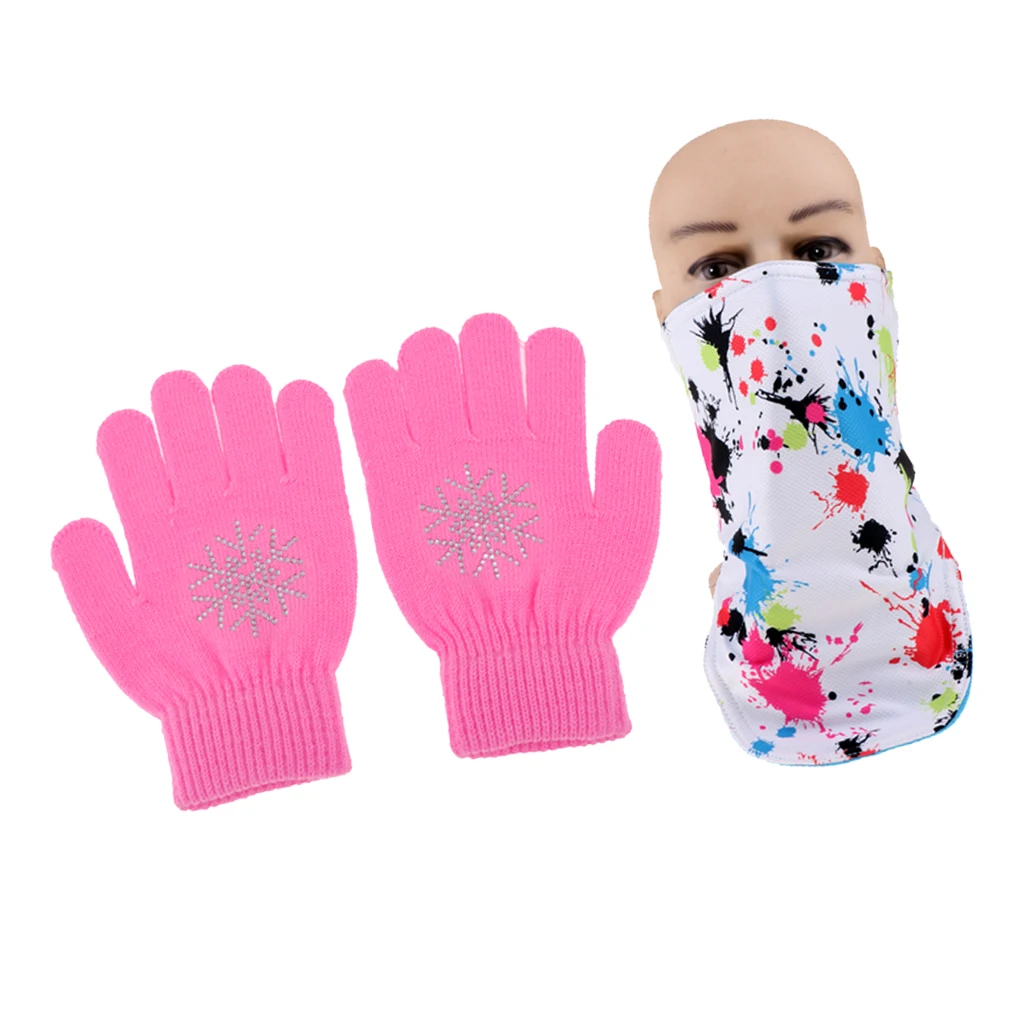 Kids Thermal Face Mask Cover Scarf Neck Warmer Gaiter Wrap and Knit Gloves Stretch Winter Glove for Boy Girl (Age age 6-13 )