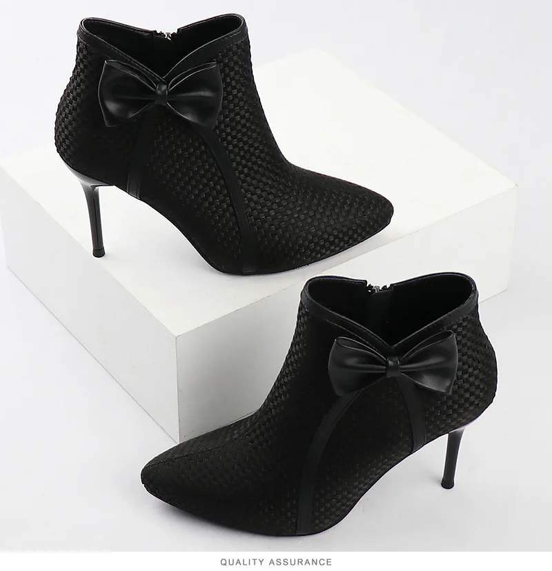 Women Ankle Boots 2021 New Fashion Woven Bow Ladies Shoes Thin High Heels Female Spring Autumn Zipper Blue Black Gray