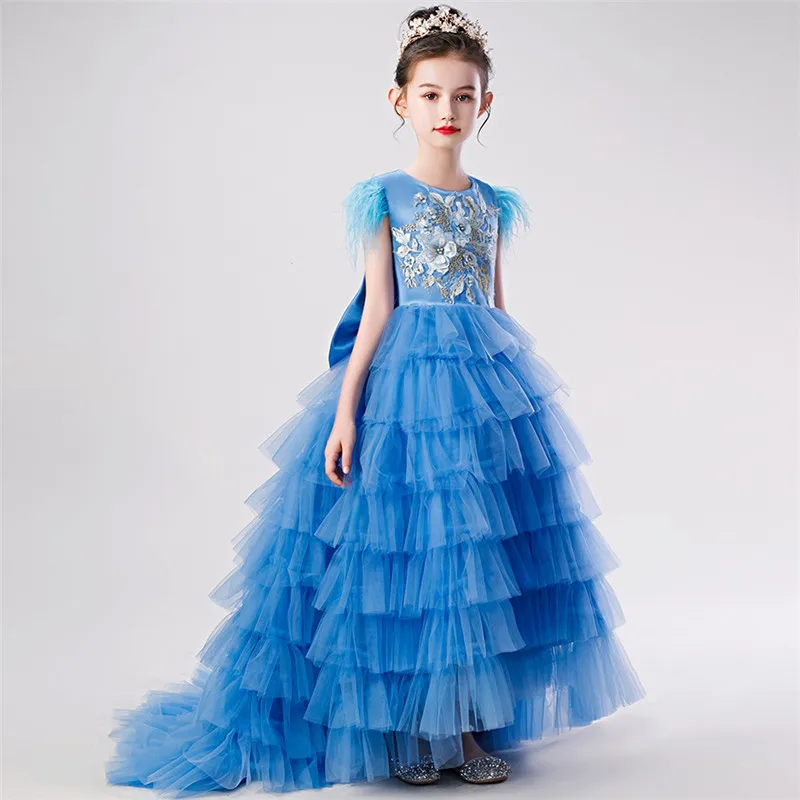 blue tail dress Детское платье для девочек в новом стиле с вышитыми цветами, вечернее платье на день рождения, платье с длинным хвостом, Детская модель, платье для церемоний и общения - Цвет: blue tail dress