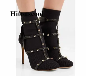 

New Design Women Fashion Round Toe Rivets Stiletto Heel Short Boots Buckles Strap Black Red High Heel Ankle Booties