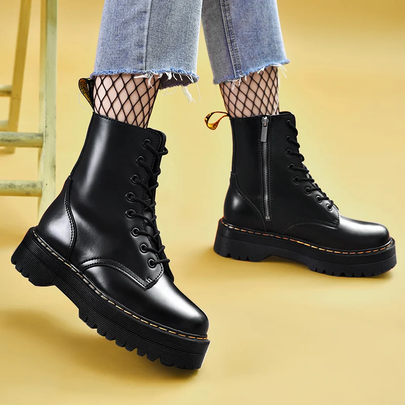 Platform Martins Boots Women Shoes New Genuine Leather Ankle Boots Women Punk Shoes Thick Bottom Motorcycle Boots Doc Mujer