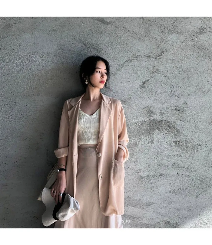 Crescent City~ Korean-style CHIC Laziness-Style Two-Button Suit Coat Women's New Style Loose Thin Sun Shirt