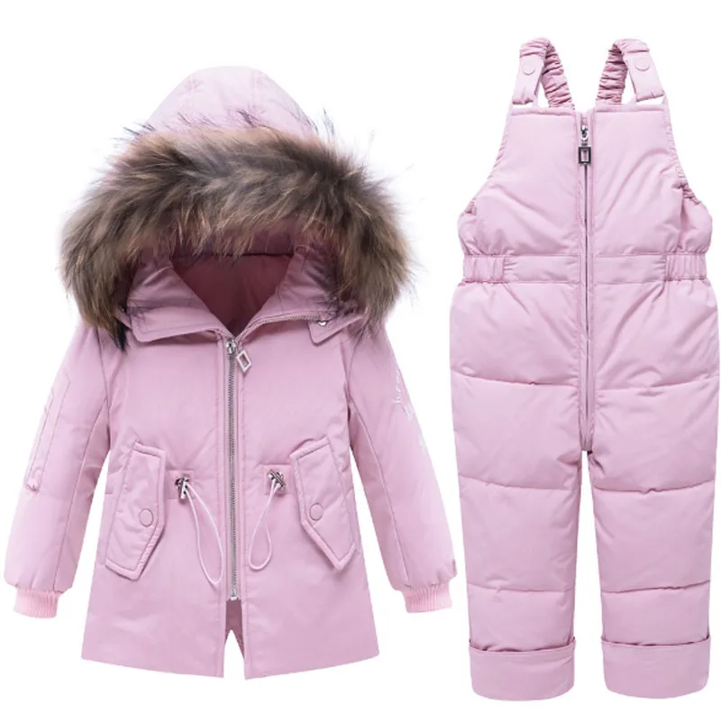 Зимняя куртка для мальчиков и девочек, детские пуховики, детские комбинезоны, зимний комбинезон с капюшоном, парка с натуральным мехом, комплект детской одежды, пальто - Цвет: Pink