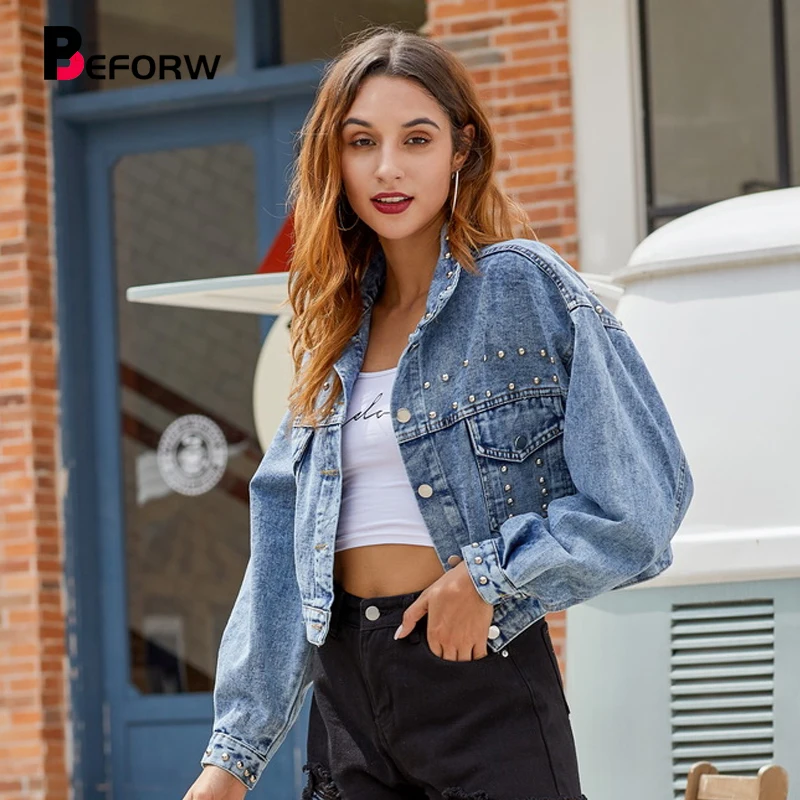 BEFORW Новая модная базовая женская джинсовая куртка на пуговицах с заклепками Осенняя Повседневная синяя джинсовая куртка пальто зимний Кардиган-пончо