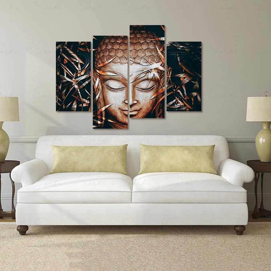 

4 Panels Canvas Painting Copper Color Buddha Statue Posters Aesthetic Print Wall Art Pictures Room Home Decor Drop Shipping