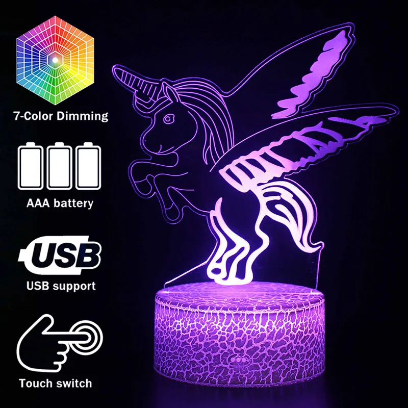 UnicornFigurine3DIllusionLEDNightLightColourfulLightRainbowHorseFigureCartoonModel