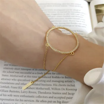 

POFUNUO Real 925 Sterling Silver Japanese Korean Style Geometric Bracelets For Women Female Big Circle Zircon 18K Gold Bracelets
