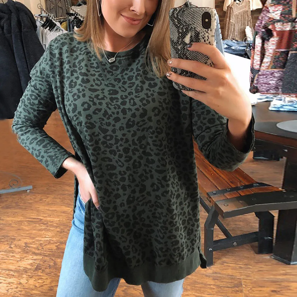 

Split Women T Shirt 2019 Autumn Leopard O-neck T-shirt Slim Fit Long Sleeve Casual Tees Tops Plus Size Camiseta Mujer 12.11