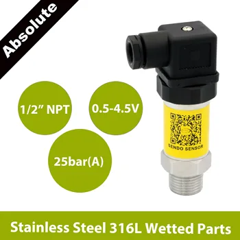 

2.5mpa, 25bar absolute, pressure sensor transducer, 0.5 4.5V signal, 5V DC supply, 1 2 NPT thread, AISI 316L wetted parts, IP65