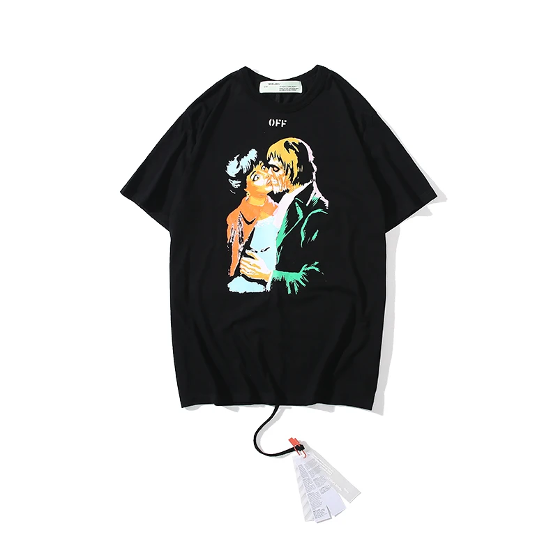 Kiss character масляная живопись 19ss Off-White Мужская/Женская модная парная влюбленная модель хлопковая Повседневная футболка с круглым вырезом и коротким рукавом - Цвет: Черный
