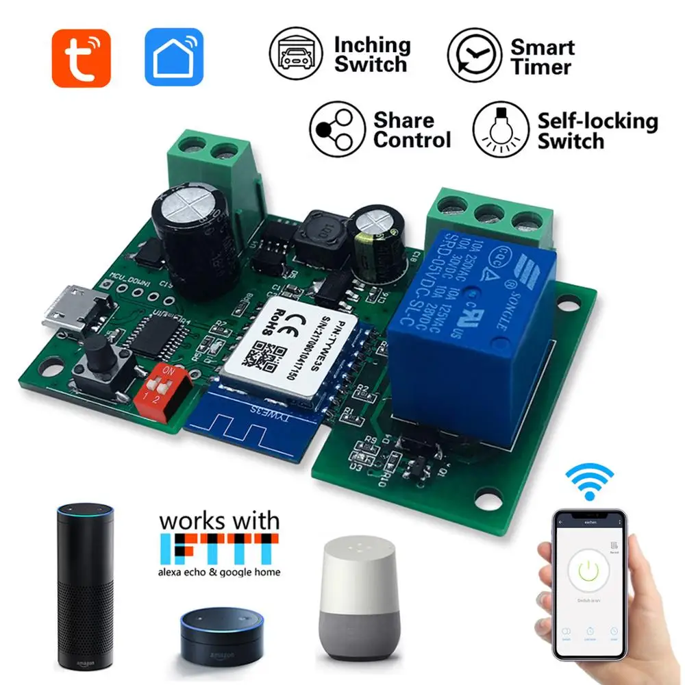 

Tuya WiFi Wireless Relay Module Single-way Inching Timer Switch Smart APP Remote Control Voice Control for Google Home Alexa