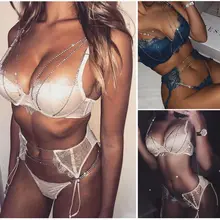 3 шт., сексуальное женское белье, женское белье с кристаллами и цепочкой, бюстгальтер, трусики-танга, комплект нижнего белья, ночная рубашка, ночное белье